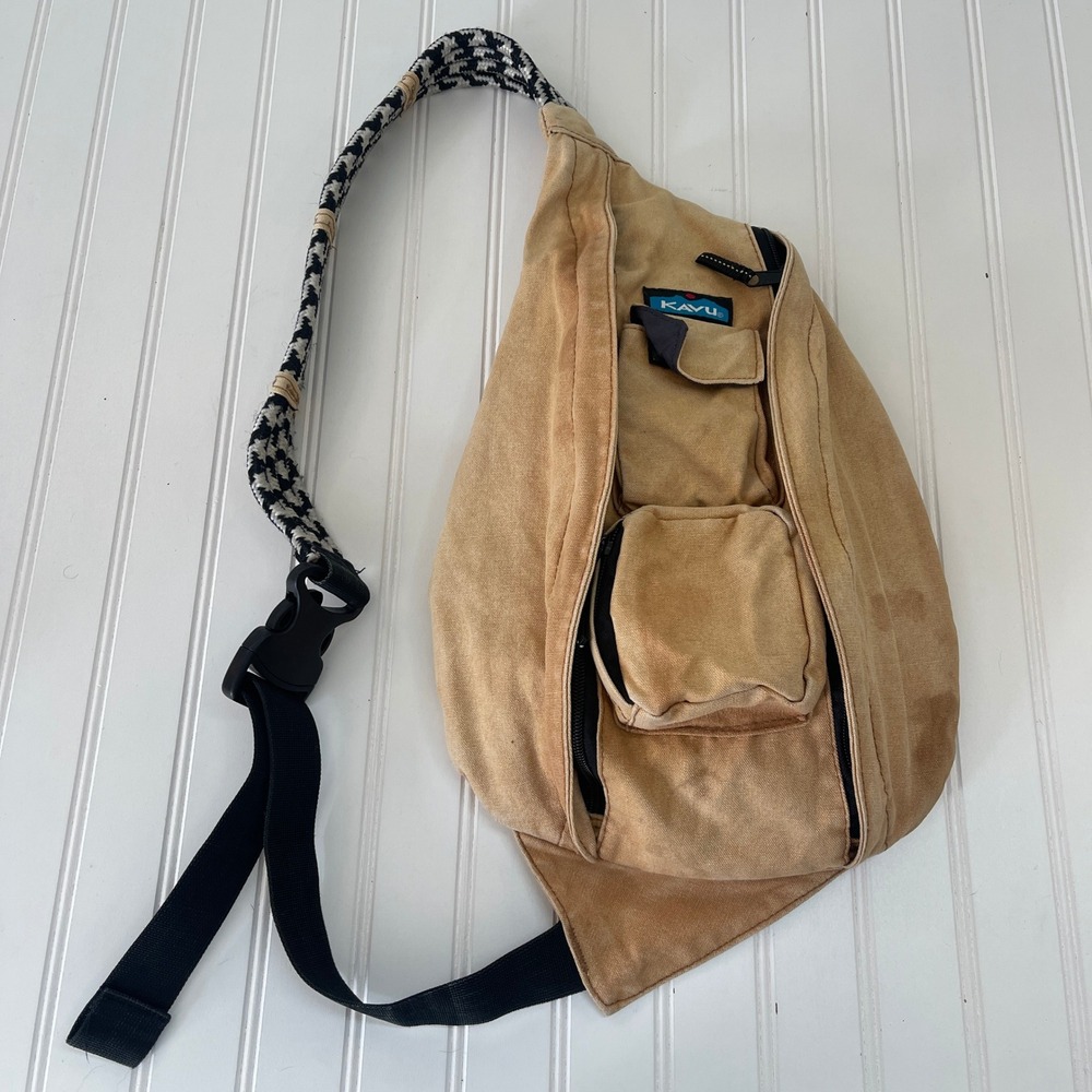 KAVU Rope Bag Tan Canvas Sling Crossbody Backpack Adjustable Rope Strap